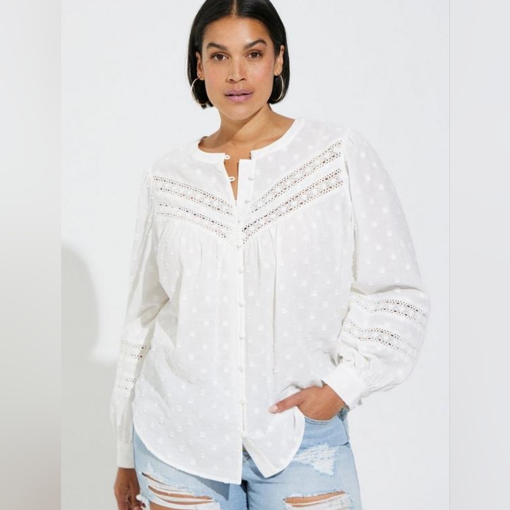 Torrid Cotton Clip Dot Lace Trim Long Sleeve Top Sz 2X